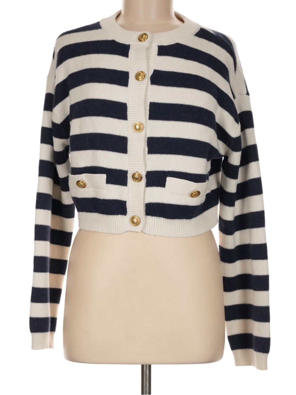Super Cute American Eagle Outfitters Navy and Cream Striped Cropped Cardigan